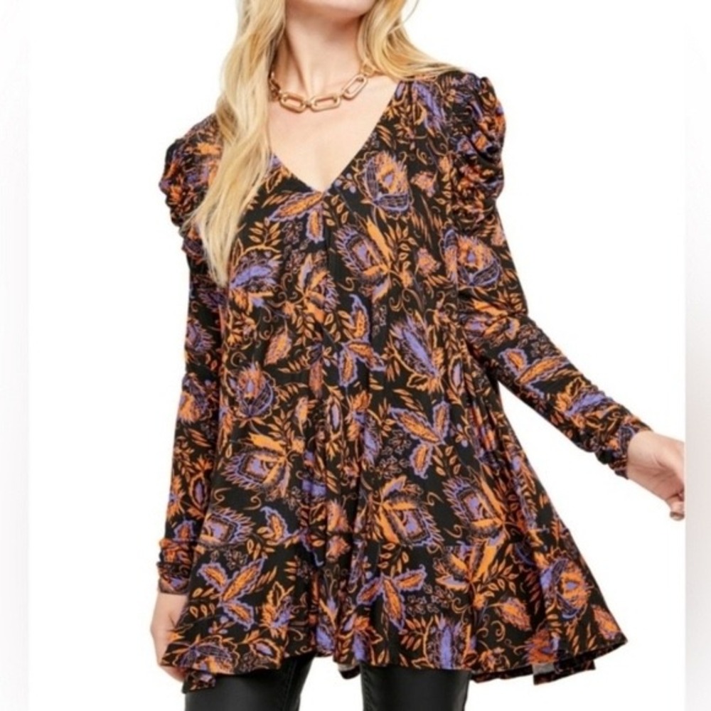 Free People Hello Lover Tunic/Dress Black/Cinnamon Juliet Sleeve Sz M Boho Chic
